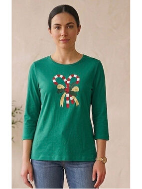 Kim Rogers Green Candy Cane Bow Top size PM